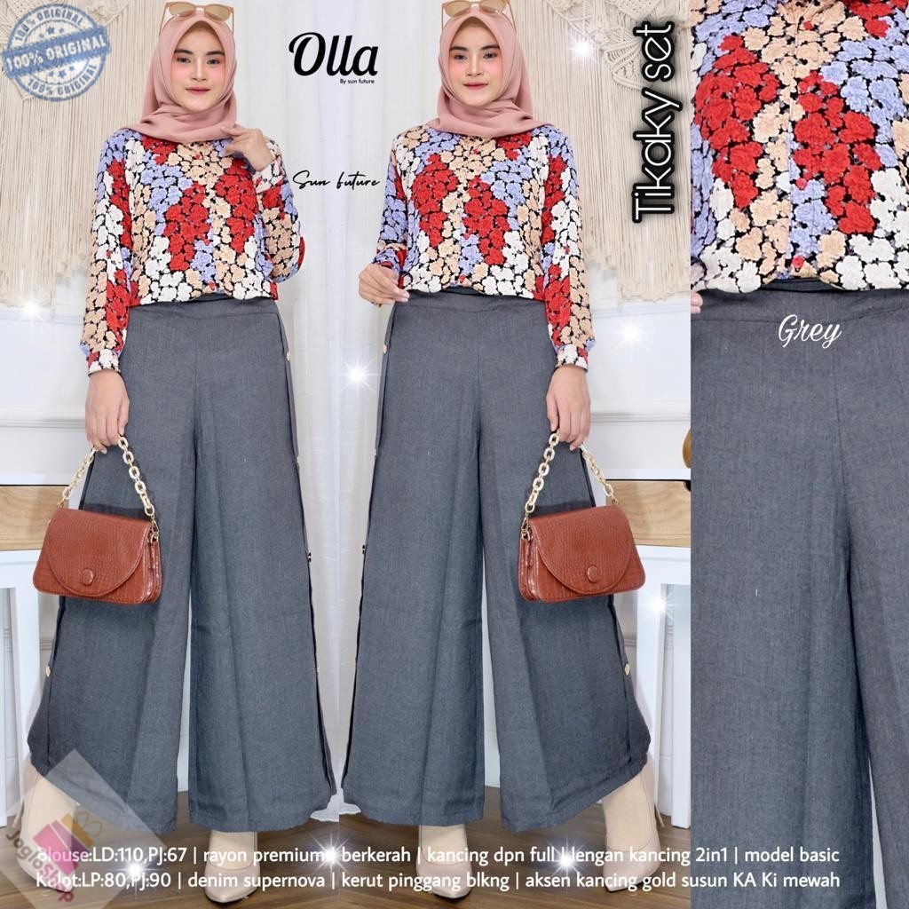 TIKATY SET BY OLLA / SETELAN BLOUSE DAN KULOT BERBAHAN RAYON DAN DENIM SUPERNOVA / SETELAN BUSANA MU