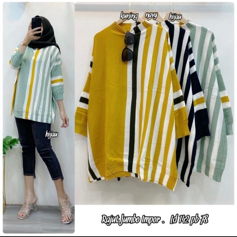 Atasan Rajut Salur Jumbo Import/rajut halus/rajut trendy/rajut terlaris/atasan wanita/rajut premium