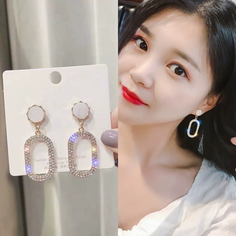 Anting Tusuk Gantung Panjang Desain Geometri Hias Berlian Gaya Jepang / Korea Untuk Wanita