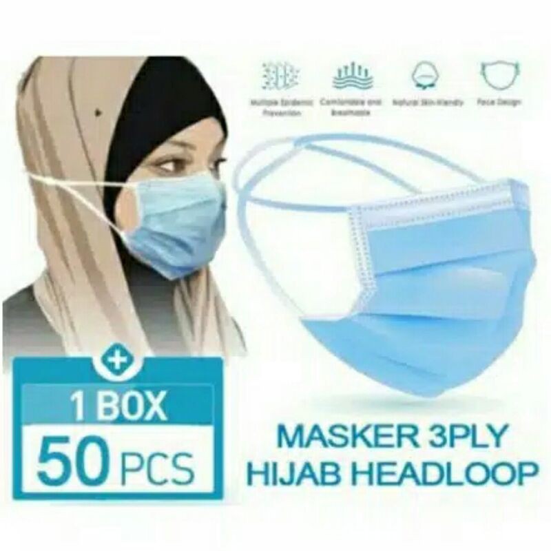 Masker 3ply Headloop 3 ply masker Hijab medis bedah disposable 50pcs ijin BNPB