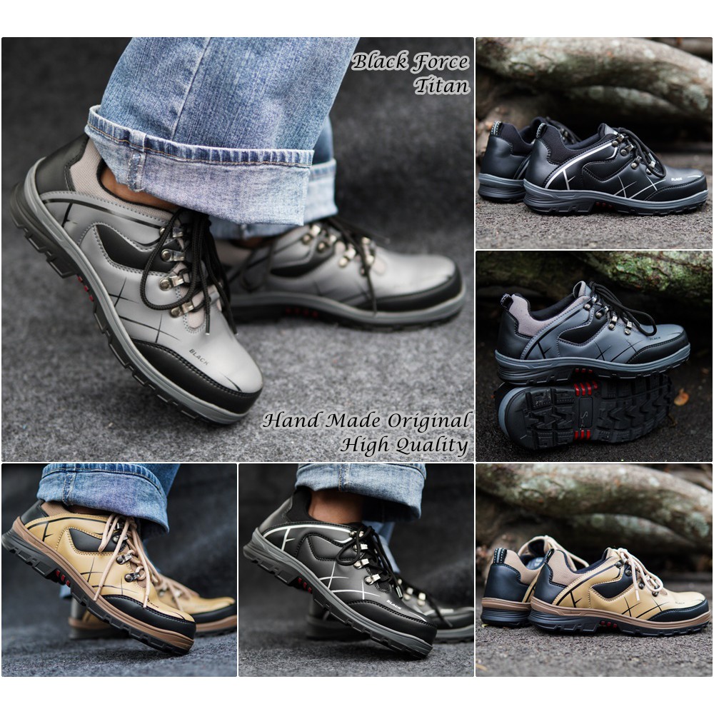 Sepatu Low Boots Sefti Pria Black Force Titan Hiking Outdoor Tracking Kerja Bots Hand Made Original