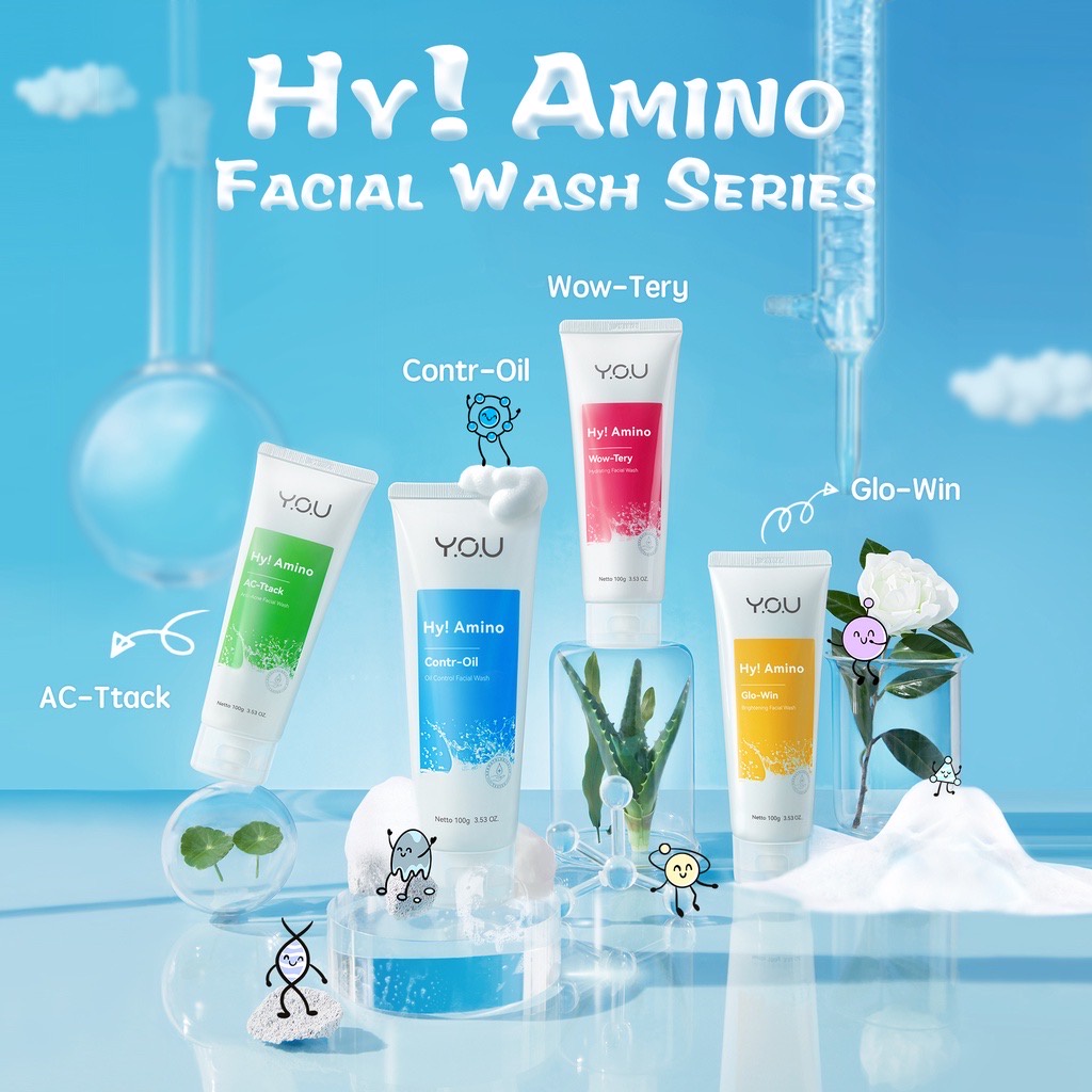 YOU Hy! Amino Wow-Tery Hydrating Facial Wash Indonesia / Pembersih Wajah Sabun Cuci Muka / Melembapkan Moisturize Deeply 100g / Skincare Face Cleanser Cleansing / Brightening Anti Acne Bacterial Oil Control / Toner Serum Cream Sunscreen Y.O.U Series Paket