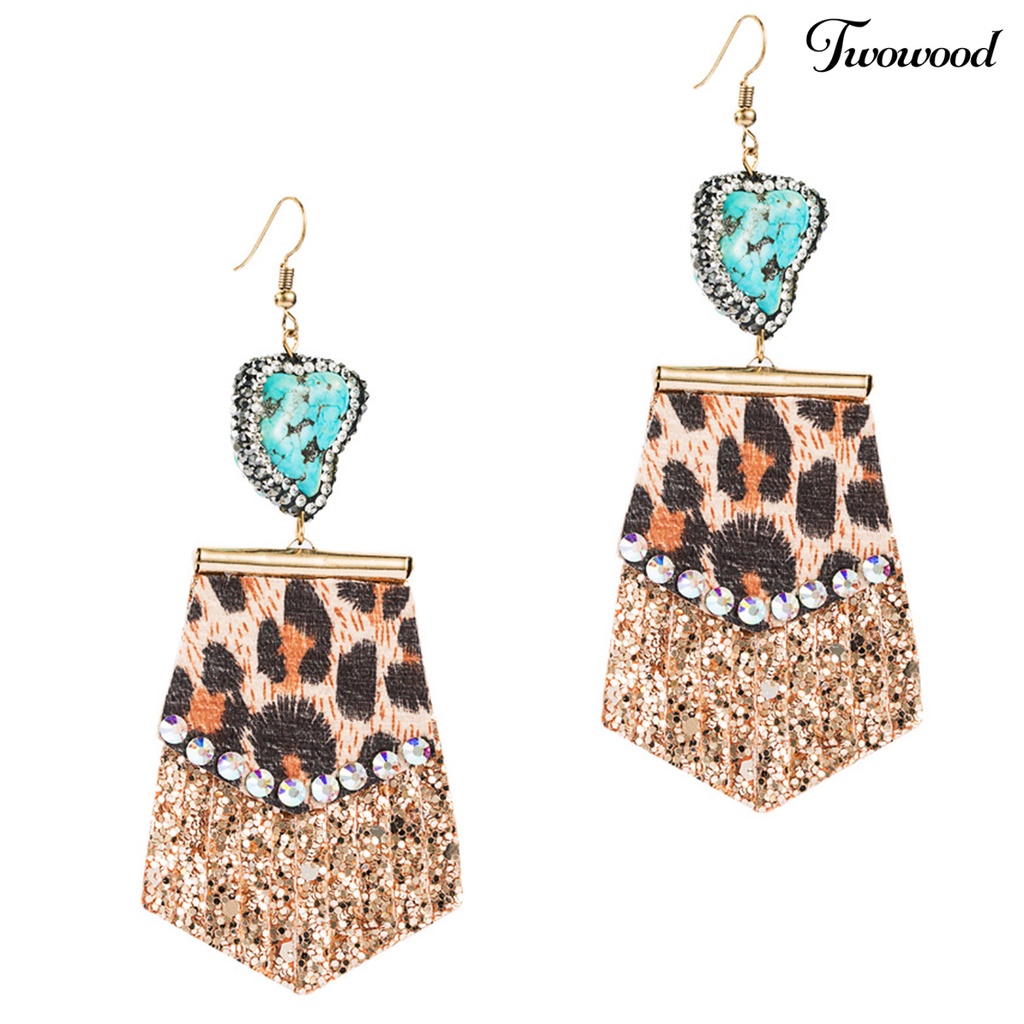 1 Pasang Anting Kait Rumbai Motif Print Leopard Bahan Kulit Tiruan Aksen Berlian Imitasi Untuk Wanita