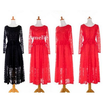 BEST SELLER Dress Import Long Gaun Pesta Lengan Lace Brukat Korea Black Red Merah Wanita Murah