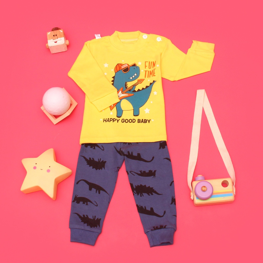 PIYAMA KAOS IMPORT DINO FUN TIME BAJU TIDUR ANAK LENGAN PANJANG BAHAN PREMIUM