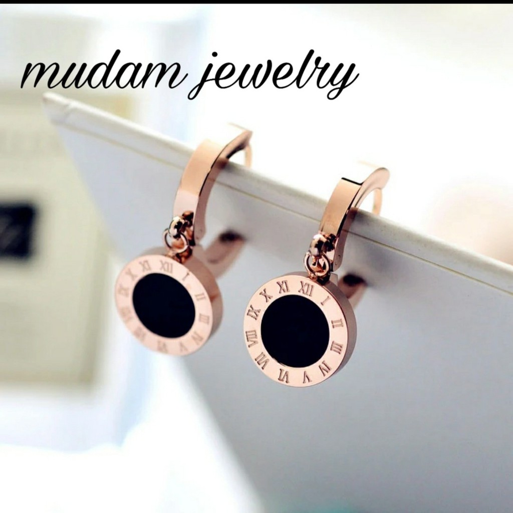 Anting Jepit Titanium B&lt;lgr Huruf Romawi Bulat Untuk Wanita Warna Rose Gold, Gold dan Silver