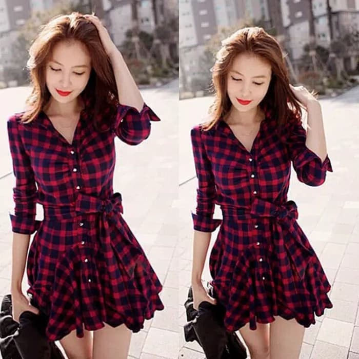 TBI Import Dress Mini Sexy Plaid Fashion Baju Pergi Wanita Motif Kotak