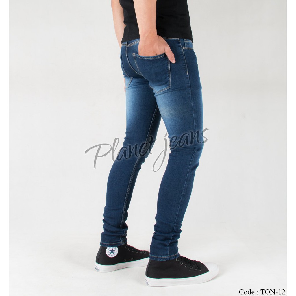 Celana Jeans Panjang Skinny FIt Pria Biru Tua Denim Cowok Skiny Pensil Blue Washed TON12