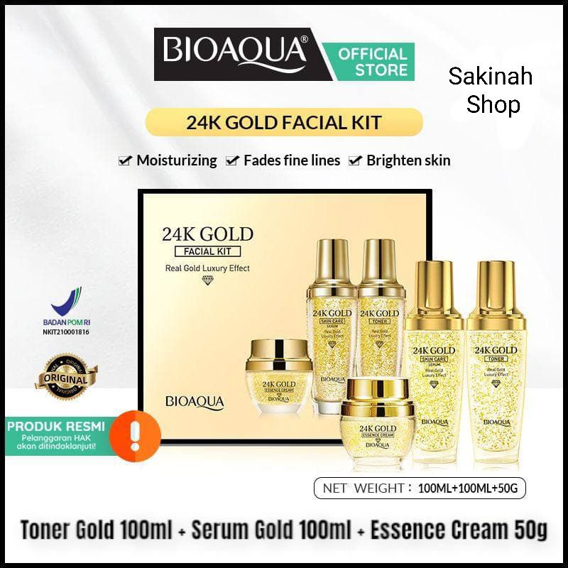 BIOAQUA 24 Gold Facial Kit ( Toner 100 ml + Serum 100 ml + Cream 50 gr ) [ BPOM ]