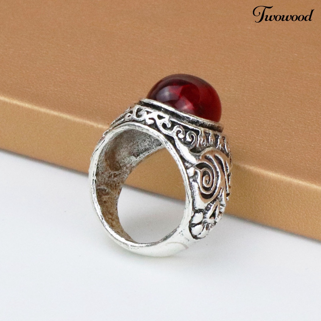 Twowood Carved Rock Style Men Ring Alloy Red Faux Gem Finger Ring Jewelry Accessaries