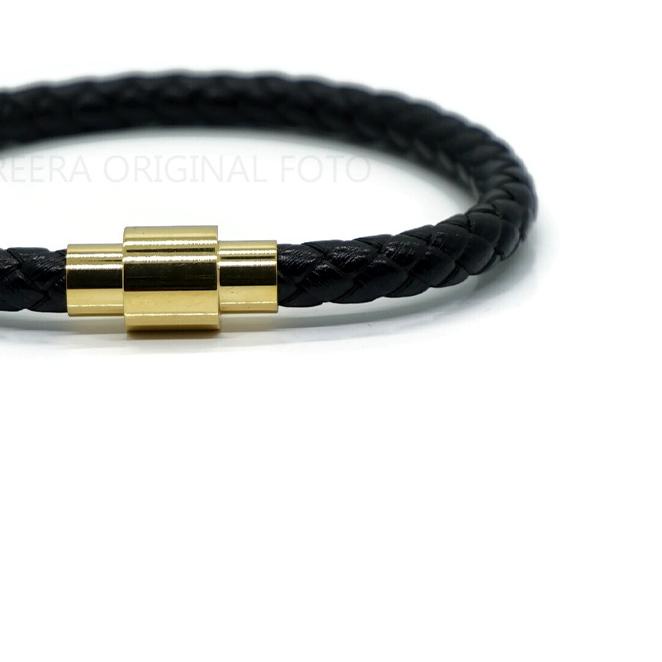 ֍ Treera - Gelang Kulit Pria Hitam Magnetic Lock Emas Hitam Original ➪