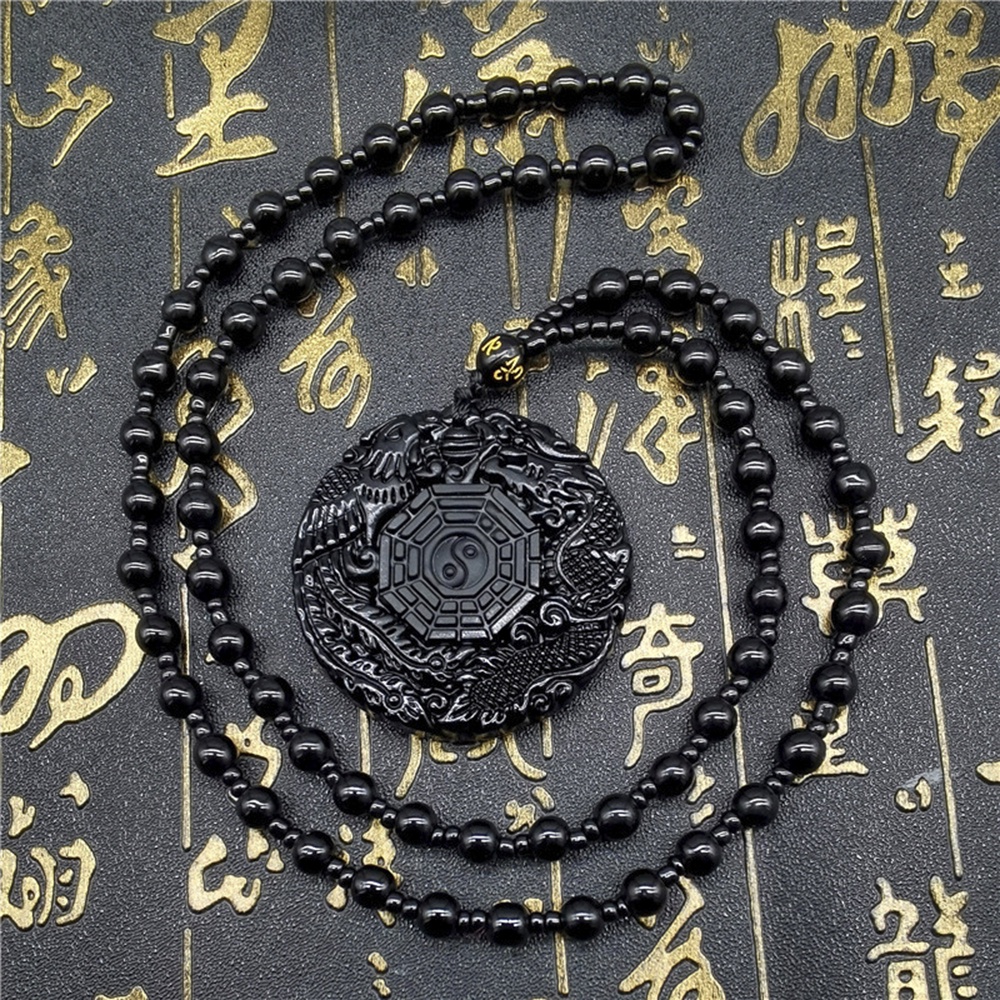 Kalung Liontin Obsidian Motif Naga Phoenix Gaya retro Punk Untuk Pria Dan Wanita