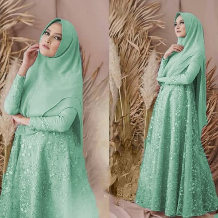 SETELAN GAMIS SYARI ARIANA BROKAT+ JILBAB BAJU GAMIS WANITA TERBARU - Merah Muda