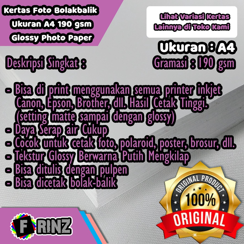 

Kertas Foto Inkjet Glosy Bolakbalik 190 Gram Ukuran A4 A5 A6 / Glossy Photo Paper Doubleside 190 Gsm