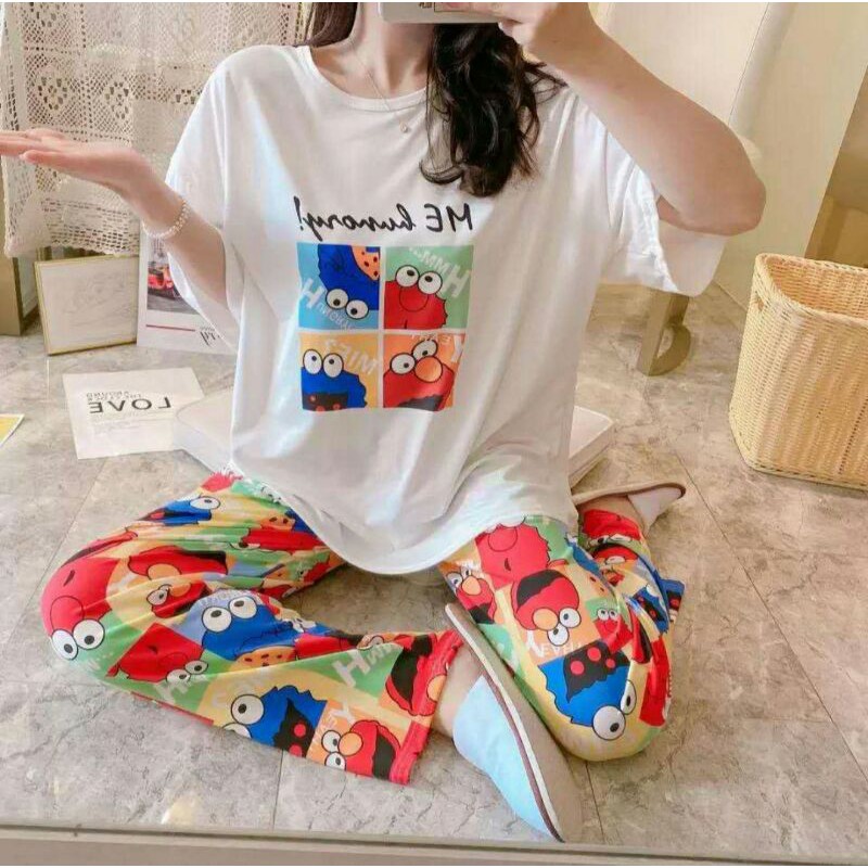 Setelan baju tidur bahan kaos import Korea gambar Elmo