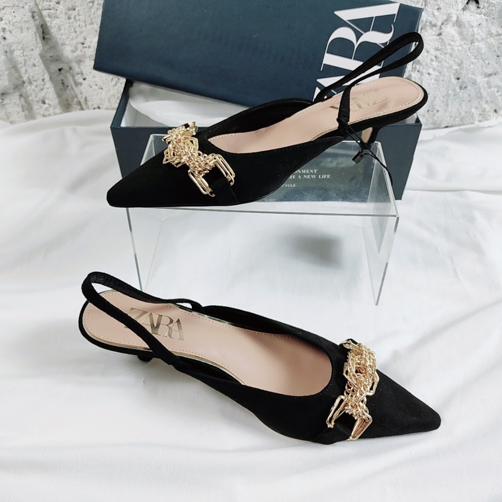 ZR Suede Slingback Kitten Heels with Chain 231