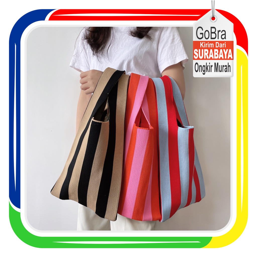 Gobra ♕ TW011 Bene Korean Tas Knitted Checkered Tote Bag Tas Rajut Motif Garis Warna Warni Totebag Buffollow Viral Bangkok Import