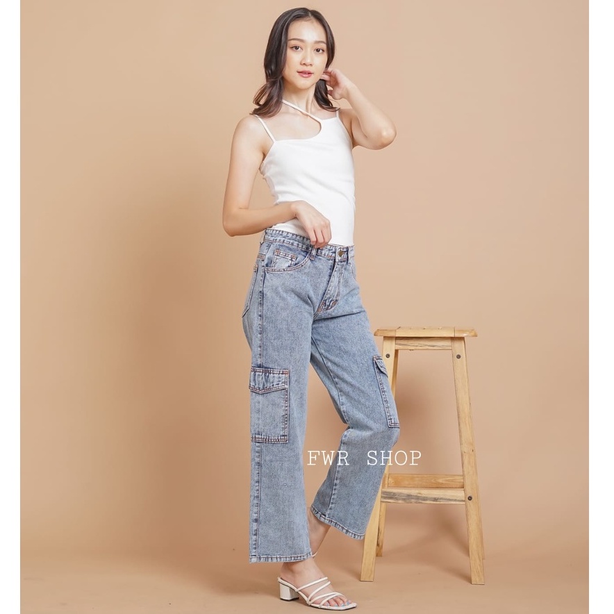 FWR - Celana Cargo Highwaist Baggy Jeans Celana Panjang Kantong Wanita 13033