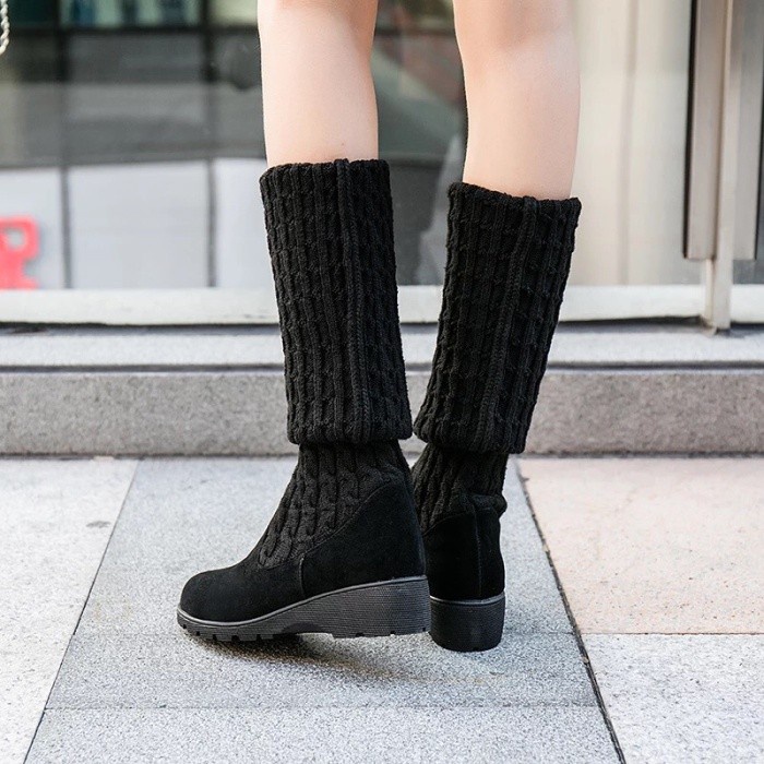 Sepatu boots wanita selutu bahan rajut Winter overknee Knit boots