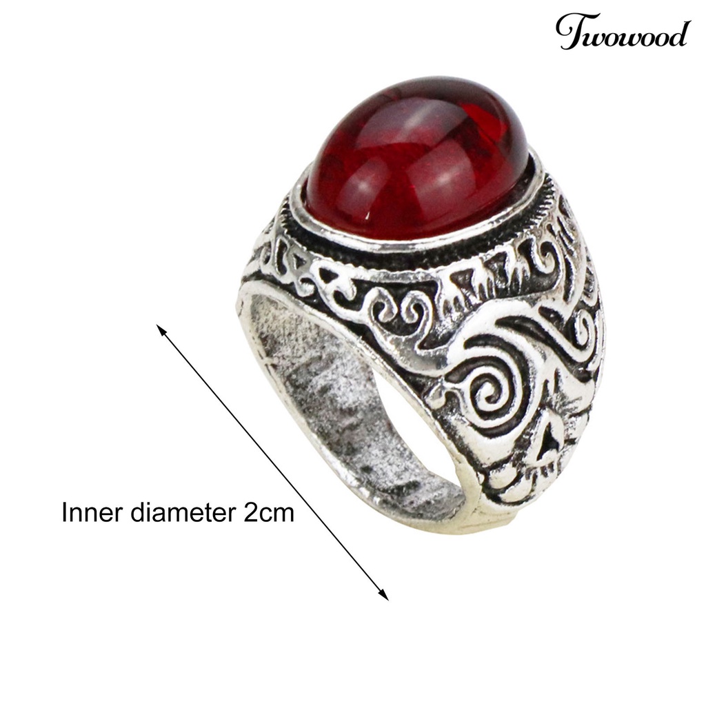 Twowood Carved Rock Style Men Ring Alloy Red Faux Gem Finger Ring Jewelry Accessaries