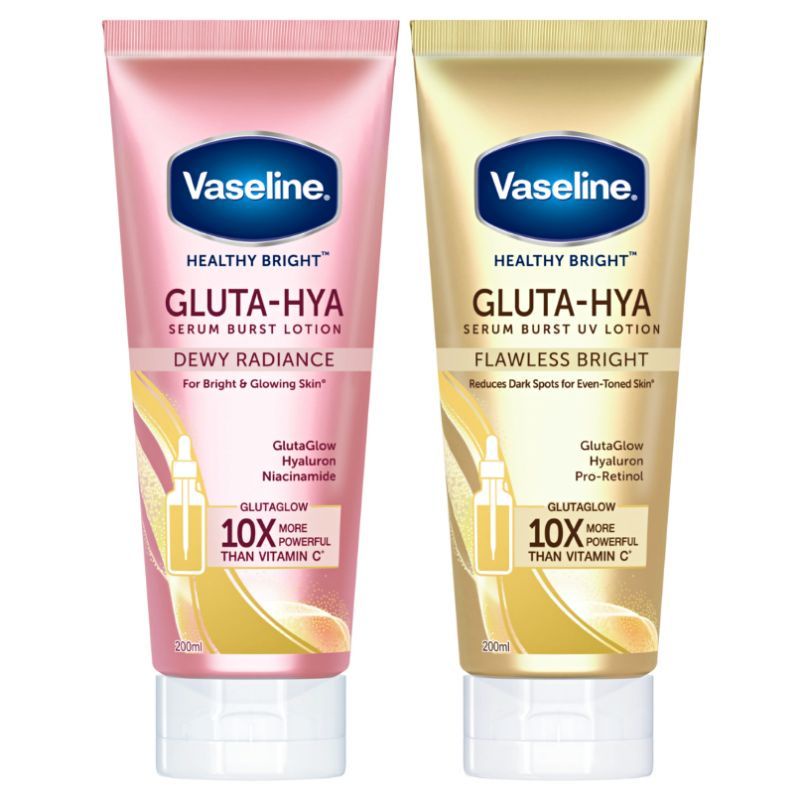 Vaseline Healthy Bright​ Gluta-Hya Gluta Hya Serum Burst Lotion Dewy Radiance, Flawless Bright, dan Overnight