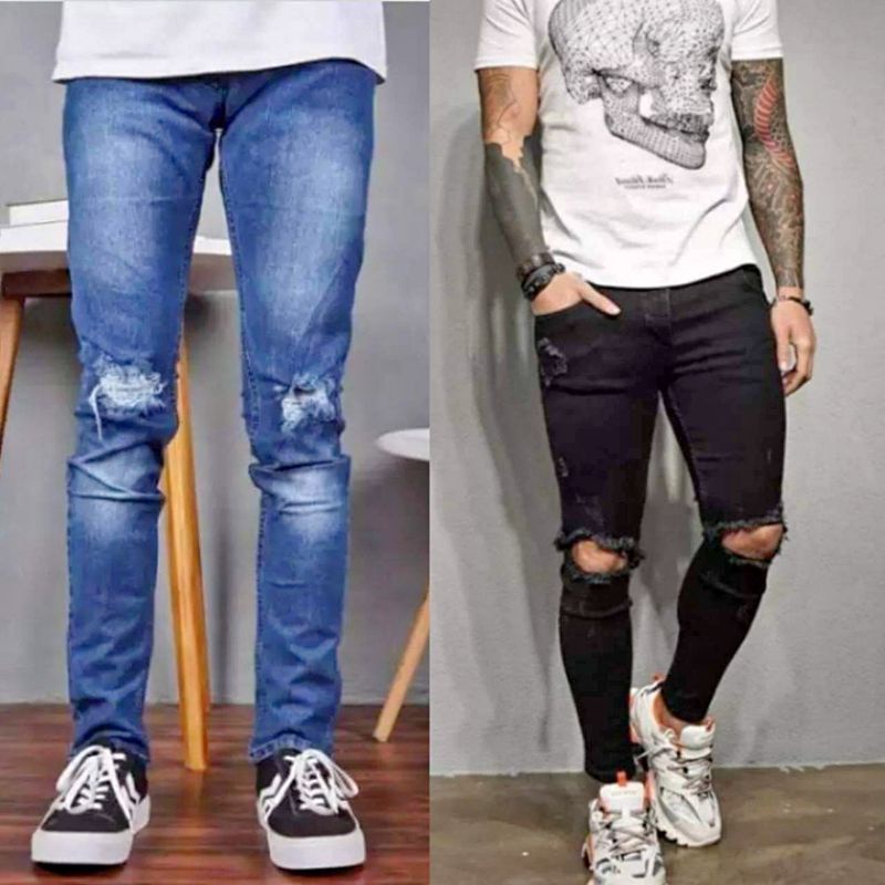 Celana jeans sobek lutut pria ripped jeans softjeans hitam murah melar