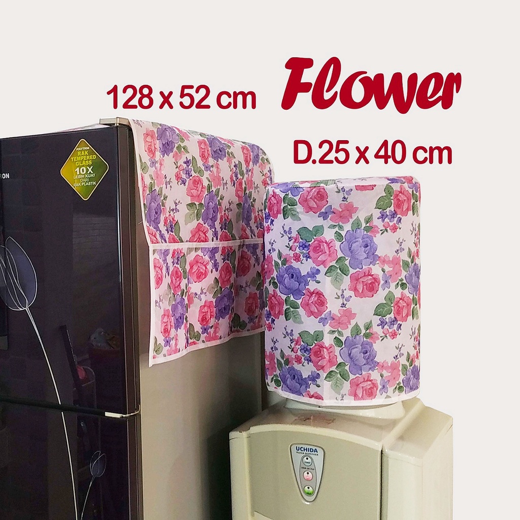 TAPLAK KULKAS DAN SARUNG GALON SET /COVER KULKAS DAN DISPENSER SET motif bunga daun