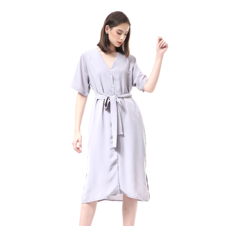 Hamlin Rachel Midi Dress Wanita Lengan Pendek Full Kancing with Strap Pinggang Material Crepe ORIGIN