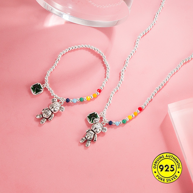Kalung Manik-Manik Bulat Warna Pelangi Bahan S925 Silver Tahan Air Untuk Wanita