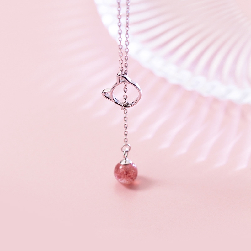 Kalung Liontin Necklace Cute Hollow Cat Pink Crystal Bead Choker Neclaces Women Girls Jewelry