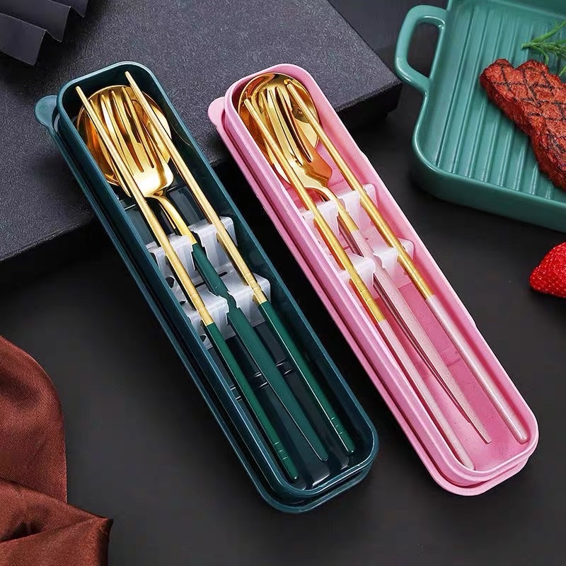 SET ALAT MAKAN KOREA GOLD &amp; SILVER DENGAN BOX PREMIUM QUALITY / SET SENDOK GARPU SUMPIT KOREA /  ALAT MAKAN TRAVEL SET 3IN1 BOX STAINLESS / SENDOK SET / GARPU SET / SUMPIT SET / ALAT MAKAN SET / SPOON FORK CHOPSTICKS SET / CUTLERY SET