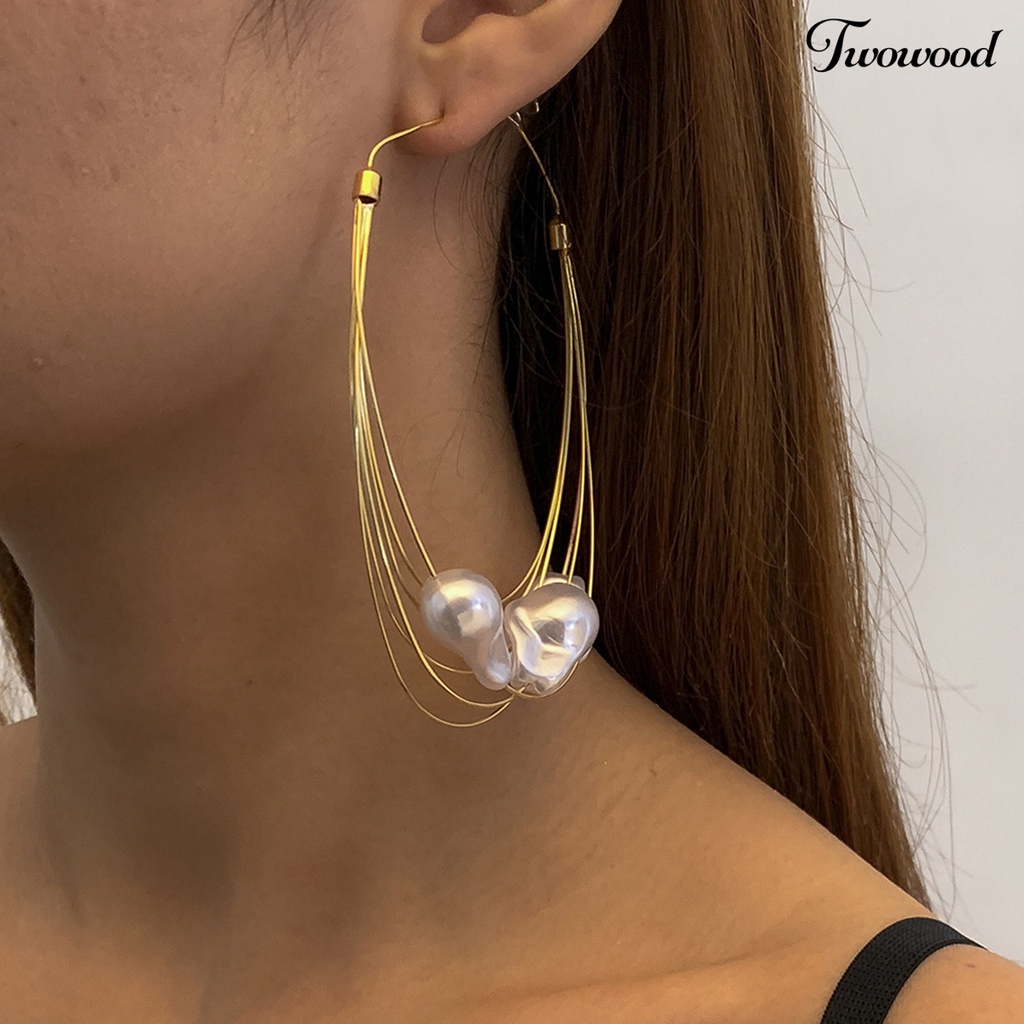 1 Pasang Anting Juntai Multilayer Bentuk Lingkaran Geometris Aksen Mutiara Imitasi Untuk Wanita