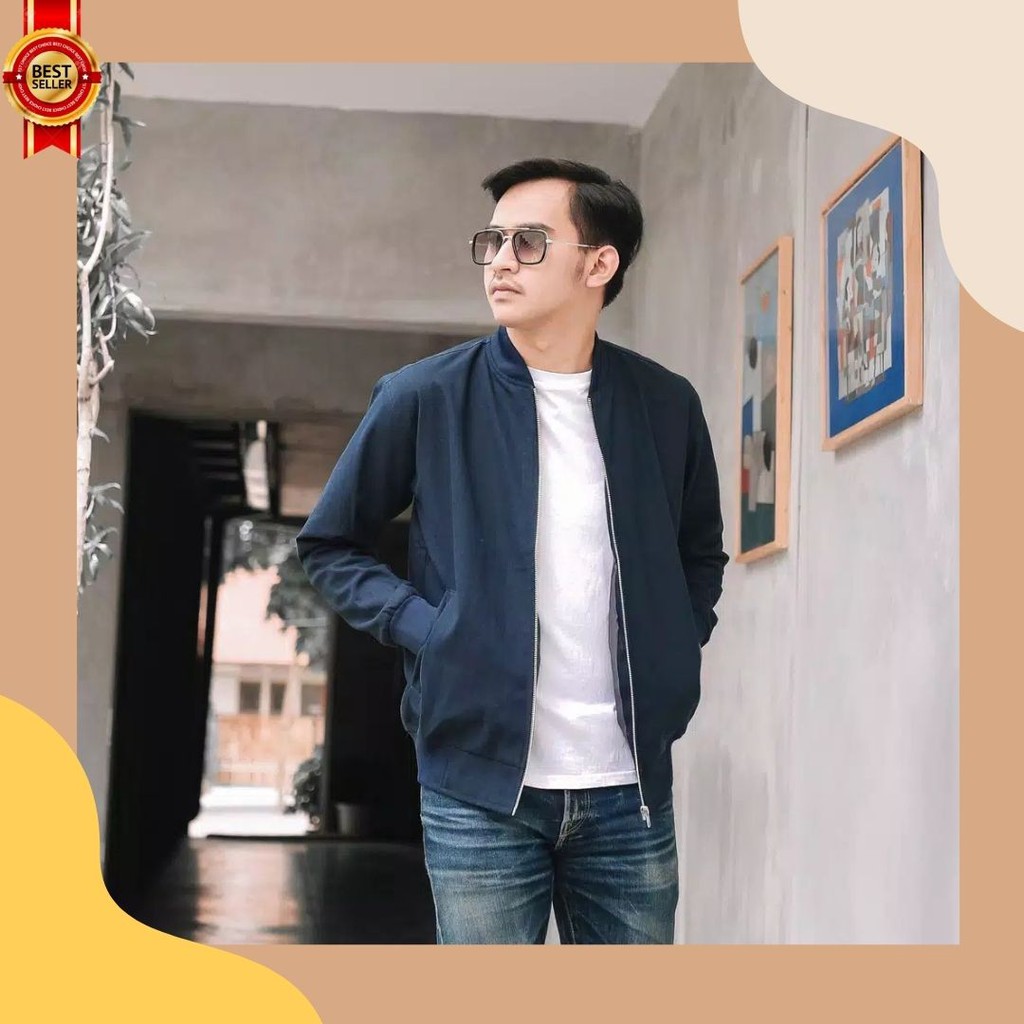 RiKho Jaket Canvas Bomber Pria Navy Premium | Shopee Indonesia