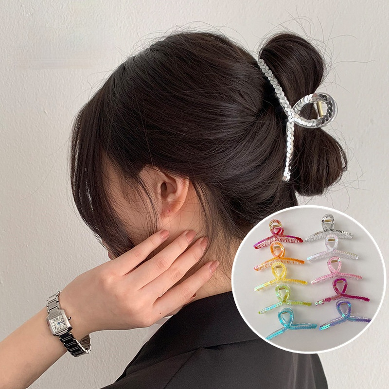 Jepit Rambut Ponytail Bahan Akrilik Aksen Glitter 8 Warna Ukuran 11cm Gaya Korea Untuk Wanita