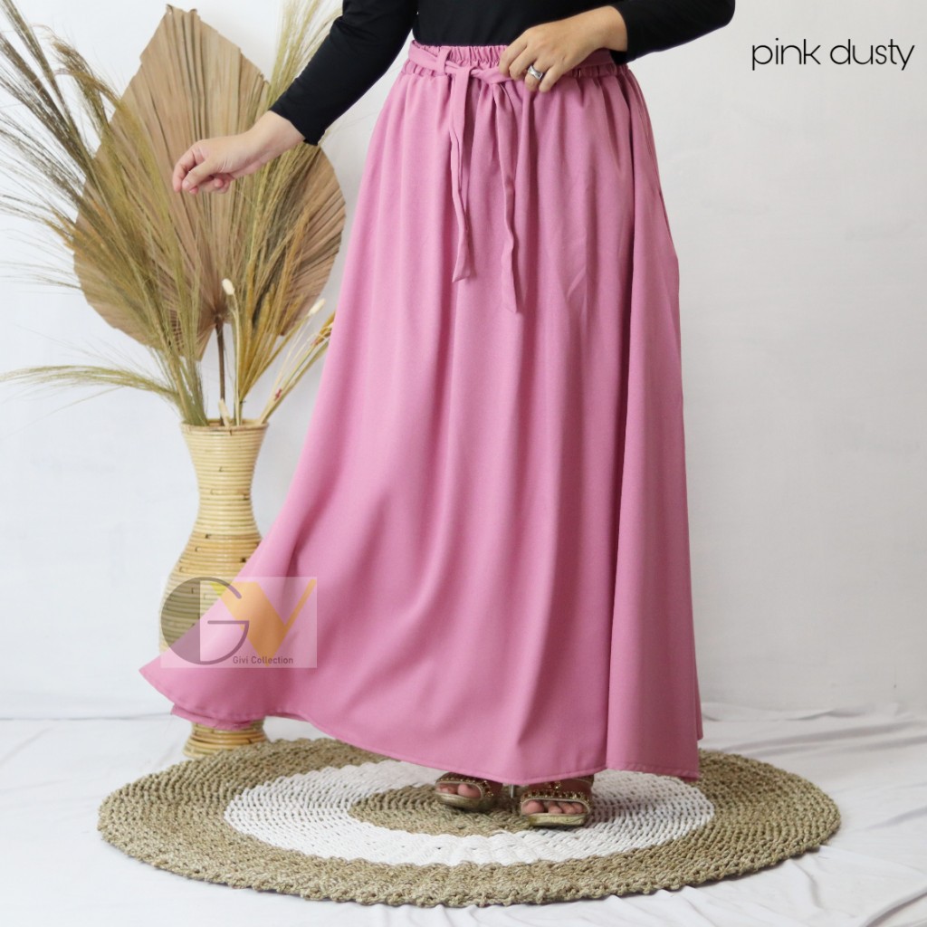 Rok payung panjang mosscrepe premium | rok panjang polos | rok kerja | maxi skirt | rok tali-pink dusty