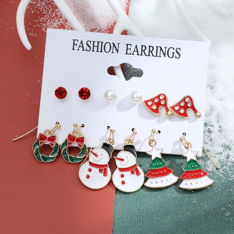 6 Pasang Anting Stud Desain Pohon Natal Rusa Snowman Santa Untuk Aksesoris Anak Perempuan