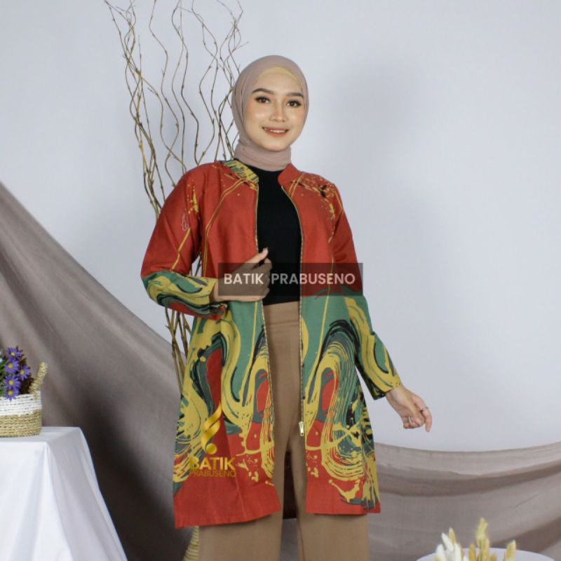 TUNIK WANITA ATASAN PEREMPUAN TUNIK MOTIF PAMELLA MERAH ORIGINAL BATIK PRABUSENO MODERN PREMIUM