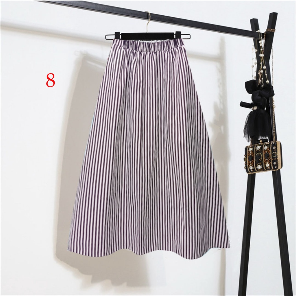 Rok midi a linea casual aneka motif berpinggang tinggi untuk wanita 865