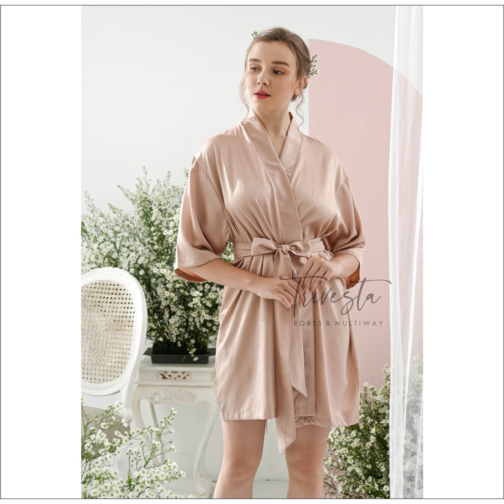 Trivesta Robes - Basic Robe Nude - Kimono Robe Bridesmaid Satin + Free Bordir (Tulisan Bebas Bisa Nama)