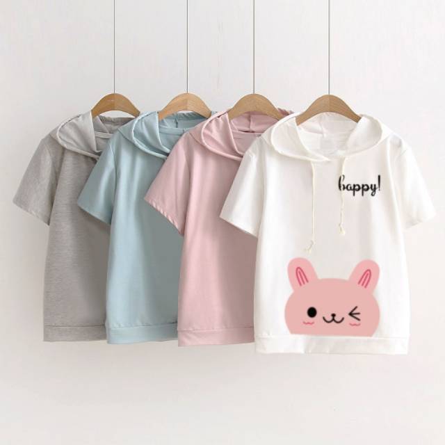 Sweater Hoodie Crop Lengan Pendek HAPPY CAT