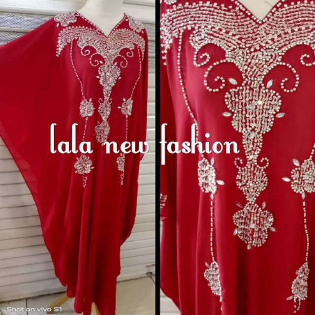Kaftan  Payet Sifon Ceruty Kualitas Grade A Merah Air mata
