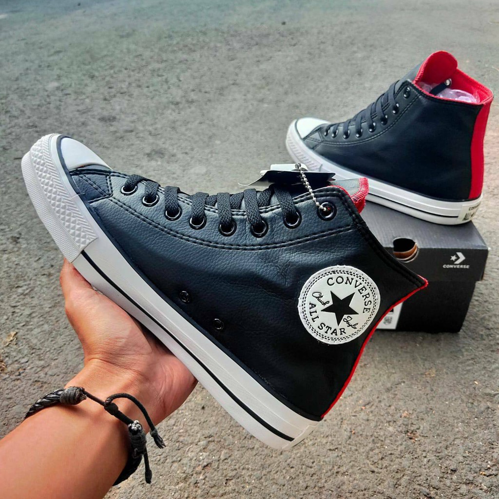 black leather high top chucks