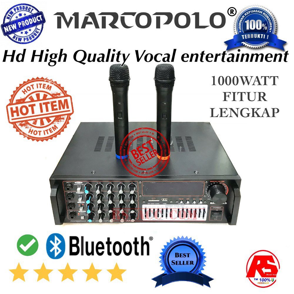 CANGGIH AMPLIFIER KARAOKE BLUETOOTH MARCOPOLO 1000WATT PAKETAN 2 MIC WIRELESS