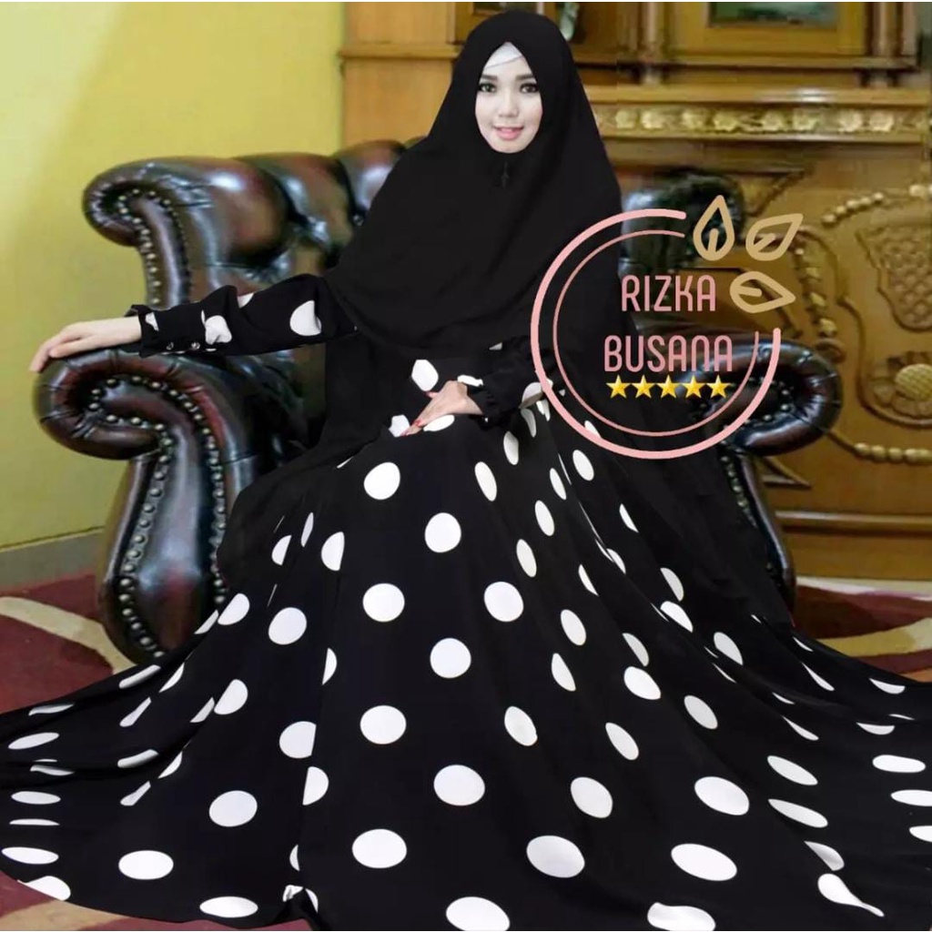 LANGSUNG KIRIM Gamis motif polkadot monalisa kerudung ceruty babydoll dua layer panjang / gamis terbaru polkadot