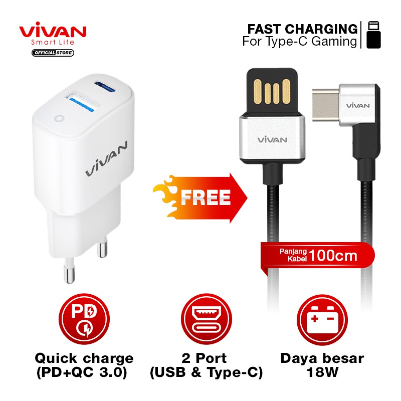 Charger Fast Charging VIVAN 2 Port USB QC3.0 &amp; Type-C (PD) 3A 18W Free Kabel USB Micro/iPhone/Type C