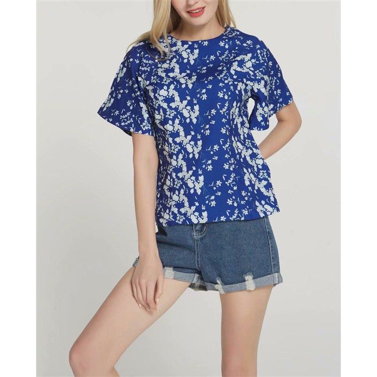 25756 SALE Atasan Biru Wanita Motif Bunga Blue Flower Blouse