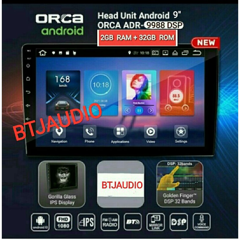 HEAD UNIT TAPE MOBIL DOUBLE DIN ORCA ANDROID ADR-9988 DSP VERSION UKURAN 9 INCH RAM 2GB ROM 32GB