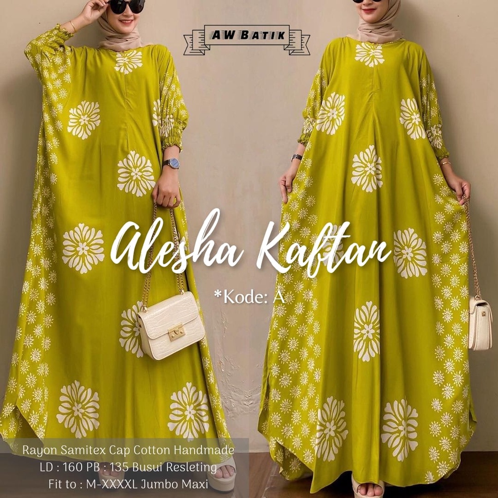 Batik A W - Alesha Kaftan Batik Wanita Jumbo XXXXL Motif Batik Cap Encim Soft Color Busui Resleting Lengan 3/4 Gamis Rayon Jumbo Kaftan Terbaru