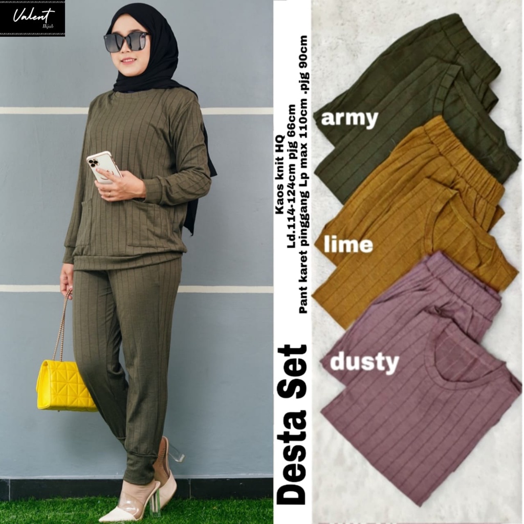 DESTA SET BY VALENT SETELAN ONE SET TUNIK PANTS WANITA IMPORT MUSLIM JUMBO KAOS KNIT HQ LD 124 CM FI