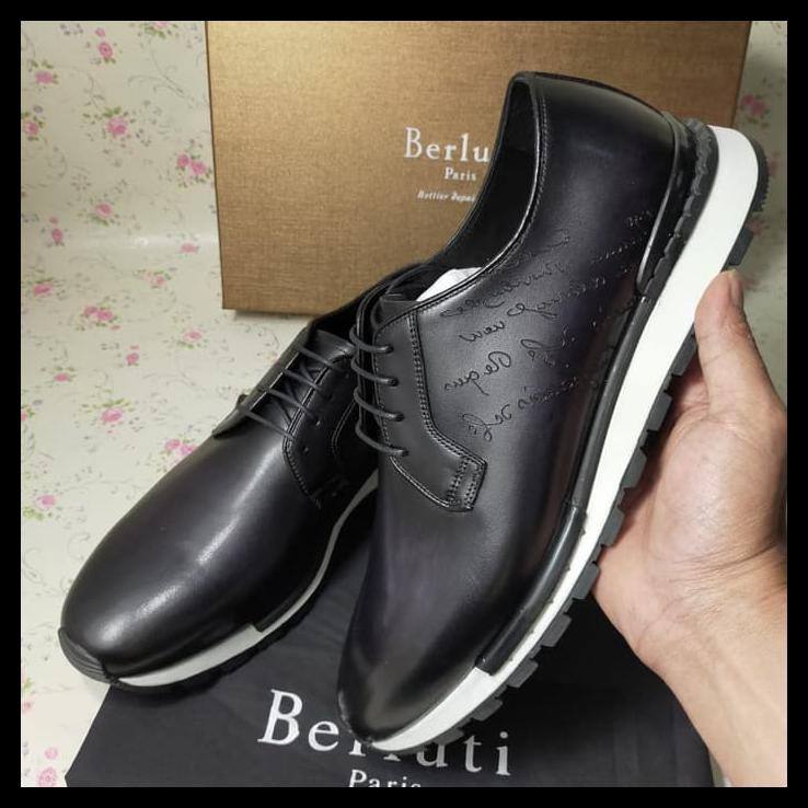 PRODUK MURAH SEPATU SNEAKER PRIA BERLUTI KULIT ASLI AUTHENTIC ORIGINAL MIRROR - HITAM STOCK TERBATAS